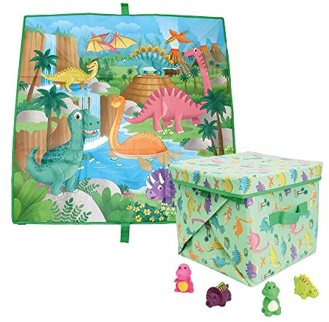 DEQUBE - Alfombra juguetero 2 en 1 - Manta Infantil de Juego Animales prehistóricos- Caja juguetero almacenaje - Incluye 4 Dinosaurios Diferentes - Dimesiones 85X85 cm (Deqube 911D00001)