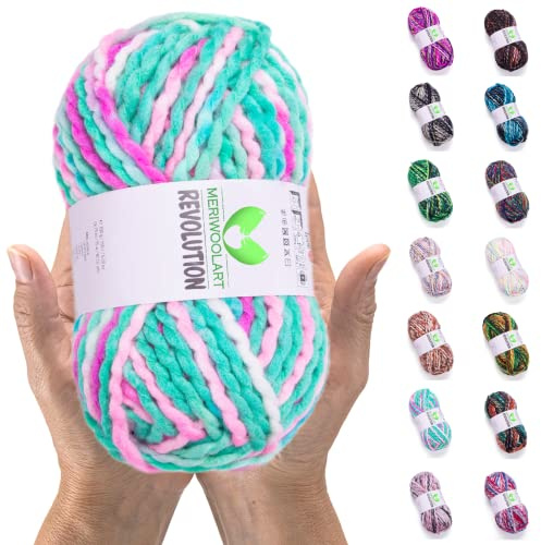 MeriWoolArt Merino Wolle zum Stricken – 75 m Mehrfarbige Dicke Weiche Merinowolle zum Stricken für Pullover Jacken – XXL Handstrickwolle – Voluminöse DIY Wolle für Schals Decken Tücher Geschenke