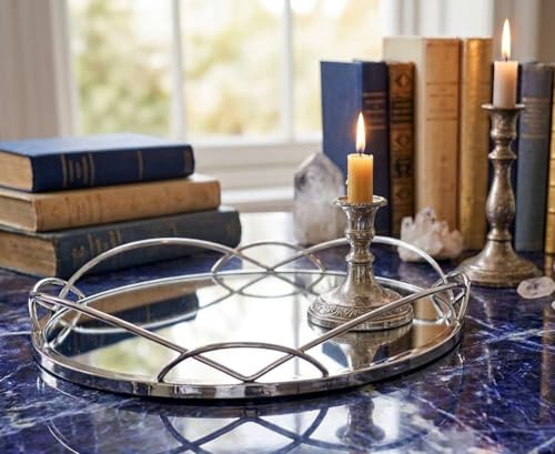 Biznest Silver Round Mirrored Candle Tray Metal Frame Drinks Tray Cosmetic Organizer Large 30Cm