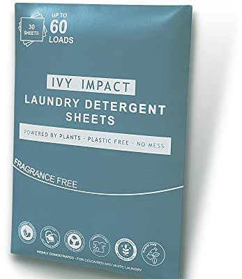 IVY IMPACT Laundry Detergent Sheets Strips | Ultra-Concentrated | Eco-Friendly | Sensitive Skin | Suitable for Machine and Hand Washing | Up to 60 Loads | Scent: Fragrance Free Unscented