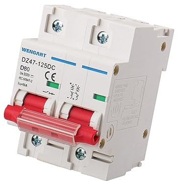Wengart Disyuntor de CC 2P 80A (500V), Interruptor Automático Polarizado para Paneles Solares y Baterías, Protección de Seguridad con Marcado de Polaridad Claro (+/-), Montado en Carril DIN