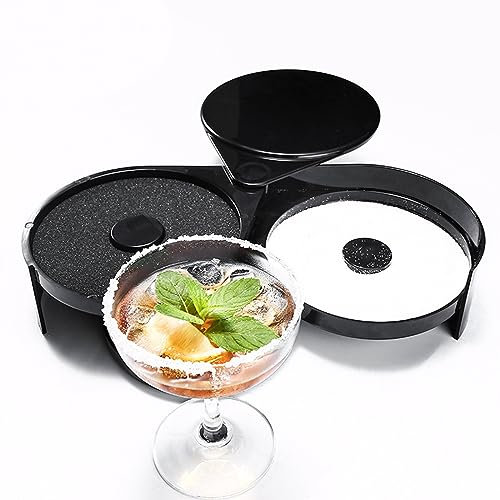 Camidy Bar Glass Rimmer Bartender Tool, Black Plastic Sugar Salt Glass Rimming with 3 Swing Out Trays for Margarita and Cocktail