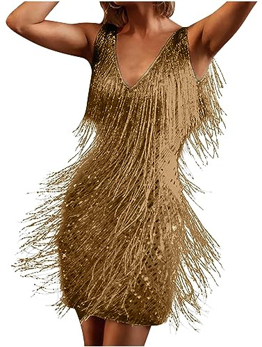 AnnSemo Womens Mini Dress 1920s Flapper Fringe Dress Vintage Dance V Neck Roaring Fancy Sequin Sleeveless Costume Cocktail Party Tassels Ballroom Dance Gold
