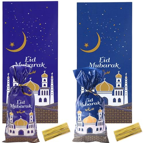 Zkaoai Eid Mubarak Tüten, 100 Stk Ramadan Tüten zum Befüllen, Eid Mubarak Geschenktüten mit 100 Twist Krawatten,Ramadan Thema Geschenktüten Partytüten,Eid Mubarak Partytüten für Eid Mubarak Party Deko