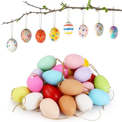 Collazoey Huevos de Pascua, 24 Piezas Huevos Blancos Plásticos, Pascua Decoracion, Cordones de Colores para árbol Escuela Hogar Decoración de Pascua, Manualidades Decoración y Regalo
