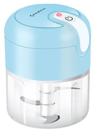 Mini picador eléctrico de alimentos, Recargable USB Type-C, Capacidad 250 ml, 2 Cuchillas Acero Inoxidable, Batería recargable, utilizado para cebolla, ajo, carne, vegetal, puré alimentos (Azul)