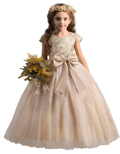 TTYAOVO Girl Flower Dress Elegant Wedding Lace Princess Party Gown Size 140 (7-8 Years, 2053 Champagne)