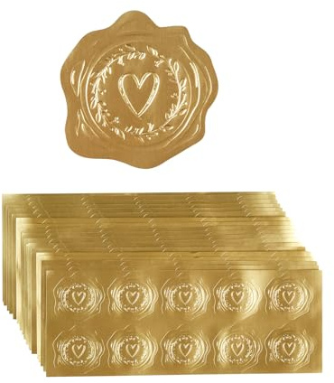 300 Pieces Embossed Gold Foil Stickers Gold Stickers for Envelopes, Wedding Invitations, Christmas Greeting Cards Envelopes (Gold Heart-Love)