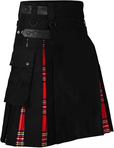 NORTH EDGE Men Hybrid Utility Kilts Traditional Highland Scottish Modern Hybrid Kilts - Men Scottish Black Cotton Kilt Adjustable Straps Skirts (Royal Stewart, 32W)