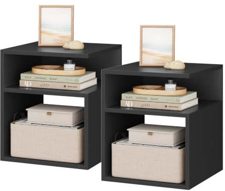 EUGAD 2er Set Nachttisch Schwarz, Beistelltisch mit 2 offene Fächer, 35x41,5x35 cm, Nachtkommode Nachtschrank für Boxspringbett, Platzsparender Nachttisch für Wohnzimmer Schlafzimmer, 0006CTG-2 | 2 offene Fächer; 35x41,5x35 cm; platzsparend; für Wohnzimmer, Schlafzimmer
