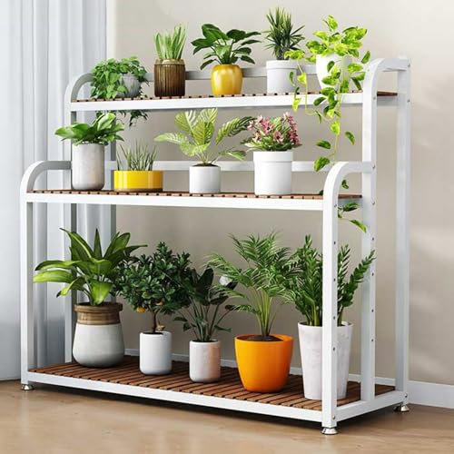 KADEUX 3 Stöckiges Blumenregal Leiterregal, Garten Blumenständer Pflanzenregal, Balkon Pflanzen Ablageregal Blumenständer Blumenbank Mit 3 Ablagen(White+carbonized,80cm)