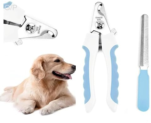 GearPrice Ciseaux à griffes professionnels pour chiens et chats - En acier inoxydable - Lime à ongles - Soin des griffes - Protection de sécurité - Noir/bleu clair - Grand format
