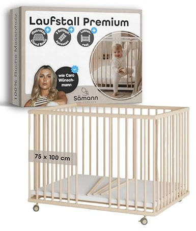 Sämann Laufstall Baby mit Matratze, Schlupfsprossen & Lattenrost | stufenlos höhenverstellbar | Laufgitter Premium | Babybett aus Holz | Krabbelgitter (natur, 75x100 cm)