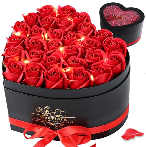 HyeFlora 30 Stück künstliche rote Rosen in einer herzförmigen Box, künstliche Rosen für immer Rosen, Geschenk-Box für Ihre Frau, Freundinnen für Mutter, Frauen, Oma, Geburtstag