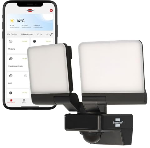 Brennenstuhl Connect WiFi LED Duo strålkastare WFD 3051 P (36W, 4300lm, IP54, olika ljusfunktioner som kan styras via appen, utomhusstrålkastare för väggmontering med rörelsedetektor)