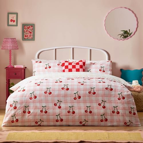 furn. Heya Home Cherry Gingham Duvet Set – Reversible Soft & Durable Polycotton Fruit Bedding (Pink – Double – 200x200cm)