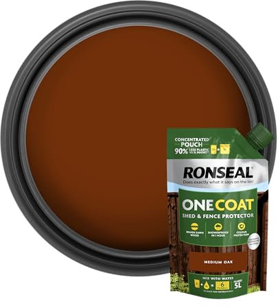Ronseal One Coat Shed & Fence Pouch Meduim Oak 950ml - Mix with Water to Make 5 Litres of Paint for Effortless Coverage and Long-Lasting Protection