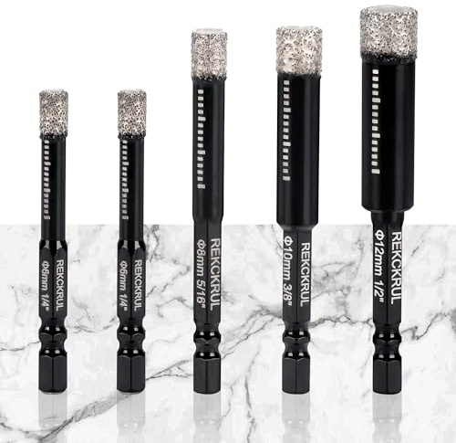 REKCKRUL 5-Pack Diamond Drill Bits Set, 1/4 5/16 3/8 1/2 Inch Diamond Hole Saw – 1/4 Hex Shank Core Drill Bits for Ceramic, Tile, Glass, Granite, Marble, Brick & Stone, 6/8/10/12mm