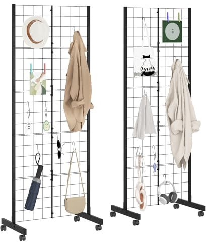 Soporte de pared de rejilla con ruedas, estante de metal resistente con 10 ganchos para ferias de manualidades y arte