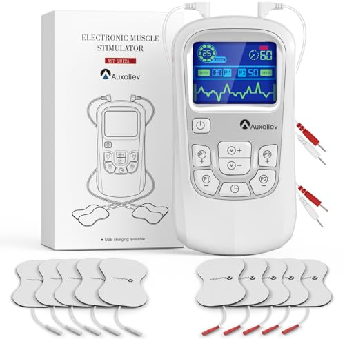 Auxoliev 3-in-1 TENS/EMS Gerät Schmerztherapie, 10 Stück Elektroden-Pads | Verfügt 25 Modi, 50 Intensitätsstufen, Zweikanal Multifunktionaler Muskelstimulator, Zur Schmerzlinderung und Muskelmassage