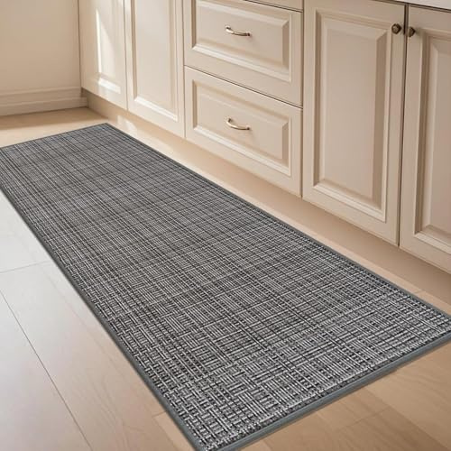 KMVIZI Küchenteppich Waschbar rutschfest 45x120cm, Jute Teppich Läufer, Küchenläufer Moderne Design, Läufer Küche Schmutzfangmatte Küche und im Esszimmer Rückseite aus Naturkautschuk, Hellgrau