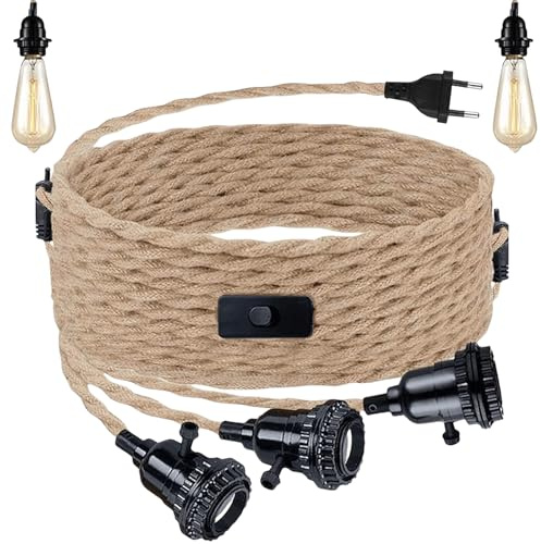 Hanfseil Pendellampe Kit, Lampenfassung Pendelleuchte mit Stecker, E27 Vintage Lampenkabel mit Schalter, Lampenkabel HäNgende Leuchte mit 3 Flammig, DIY Retro Hängelampe für Dining (Ohne Glühbirne)
