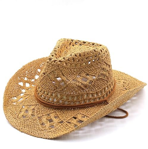 Cowboy Hut Damen Vintage Western Stroh Cowgirl Hat Cowboy Hüte Für Frauen Mit Atmungsaktivem Strohhut Mit Kinngurt Breitem Sonnenschutz Sonnenhut Für Seaside Leichter Strandhut