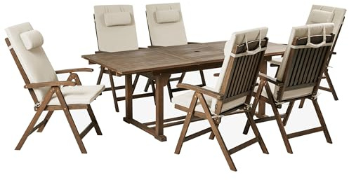 Beliani Gartenmöbel Set Holz Dunkelbraun Ausziehtisch mit 6 Stühlen Auflagen beige Taupe Amantea Premium