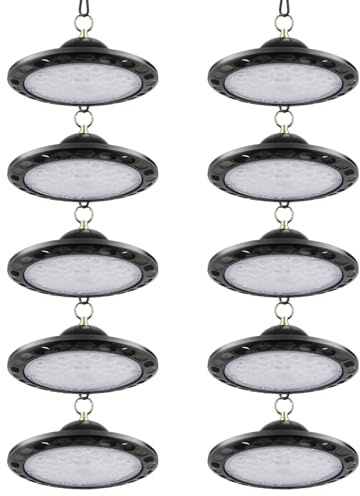 Fynokst 10 x Industrial LED Floodlight, 100 W, 12800LM UFO LED Garage Ceiling Light with Chain, 6000K Indoor Floodlight, IP66 Waterproof Ceiling Lighting for Garage Workshop Factory