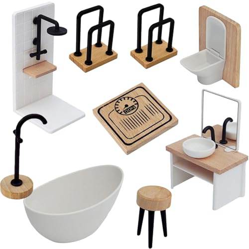 puppenhaus zubehör- Miniatur möbel, Badezimmer Set für Puppenhaus im Maßstab 1:12 mit Spiegel und Waschbecken, Spielzeug für Jungen, Mädchen und Kleinkinder ab 3 Jahren 9-teiliges Set (9 PCS)