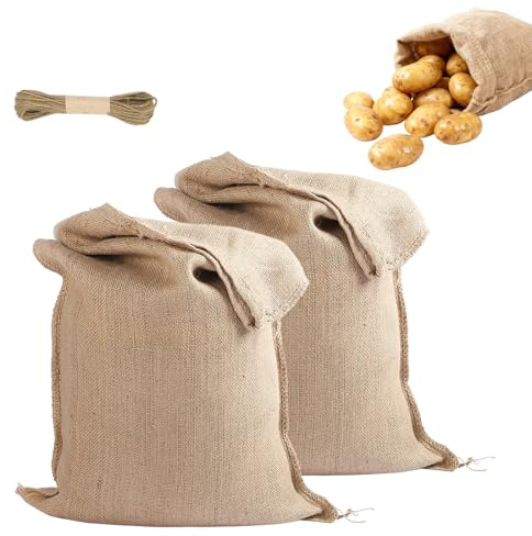 2 Pack Large Hessian Sacks,Reusable Storage Bag with Packing Cord Potato Storage Bags Natural Jute Potato Sacks for Storing Growing Vegetables Coffee Beans Sand