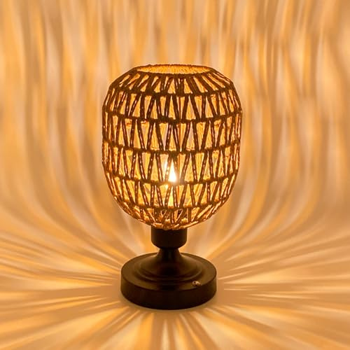 EcoGehen Kabellos Tischlampe Boho Klein Rattan Lampenschirm | Stehlampe Ohne Kabel, Nachttischlampe Akku USB Aufladbar, Wetterfest Dimmbar, Outdoor Tischlampen, für Tisch Nachttisch