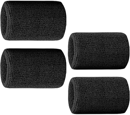 4PCS Sweat Bands for Men Women, Wrist Sweatband Absorbent Sports Gymnastics Grips Wristbands, Black Athletic Elastic Cotton Strip Bracelet Wristband for Gym Basketball Football Running - 15x8cm