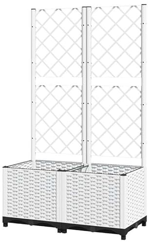 Eleganz Macetero con enrejado blanco, 80 x 40 x 136 cm, maceta grande de polipropileno para jardín, balcón y terraza, resistente a la intemperie y duradera, ideal para plantas trepadoras