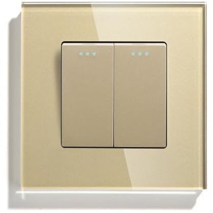 Interruptor Pared,Interruptor Conmutador Interruptor de botón mecánico 1 vía, 2 o 3 unidades, color blanco y negro, con panel cristal 86 mm(2Gang Gold)