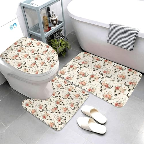Set di 3 tappeti da bagno con stampa di fiori rosa, pecore e teschi, assorbente, antiscivolo, lavabile, a forma di U, tappetino per il contorno del WC, tappetino per doccia, tappetino da bagno per WC