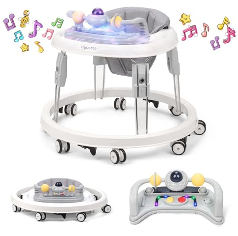 Baby Lauflernhilfe mit Musik und Lichtern, Faltbare Lauflernwagen mit Aktivitätscenter, 7-Gang Höhenverstellung, Anti-Collision Design, Abnehmbarer Platte, Baby Walker von 6-18 Monaten (Grau-Musik)
