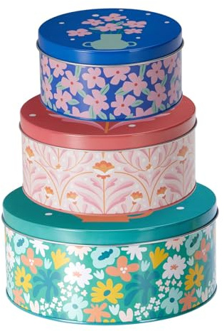 Carousel Home Set of 3 Retro Floral Storage Tins with Lids, Nesting Kitchen Tin Canisters for Biscuits, Baking and Food Storage