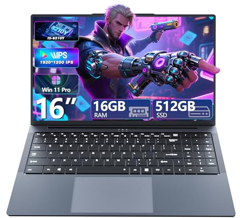 16 Pouces Ordinateur Portable avec Core i5 8210Y Processeur, Win 11 PC Portable 16Go RAM 512Go SSD, Laptop écran 1920 x 1200 IPS, RJ45, USB 3.0, HDMI, BT 5.0, WiFi 5 Pavé Numérique Rétroéclairé