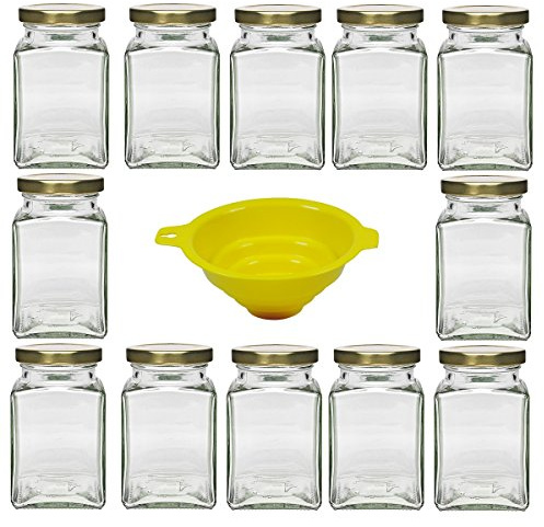 Viva Haushaltswaren - 12 x eckiges Marmeladenglas / Gewürzglas 260 ml mit goldfarbenem Schraubverschluss, Gläser Set mit Deckel als Einmachgläser, Vorratsdose etc. verwendbar (inkl. Trichter)