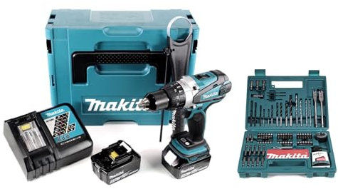 Makita DHP 458 RTJ Perceuse-visseuse à percussion sans fil 18 V 91 Nm en Makpac + 2 batteries 5,0 Ah + chargeur + kit de forets Makita 100 pièces