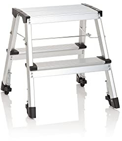 hjh OFFICE 830024 Escalera Aluminio 2 Peldaños Plegable Solid Vi Escalera con Ruedas, hasta 150 kg, Antideslizante, Ligera y Resistente, Uso doméstico