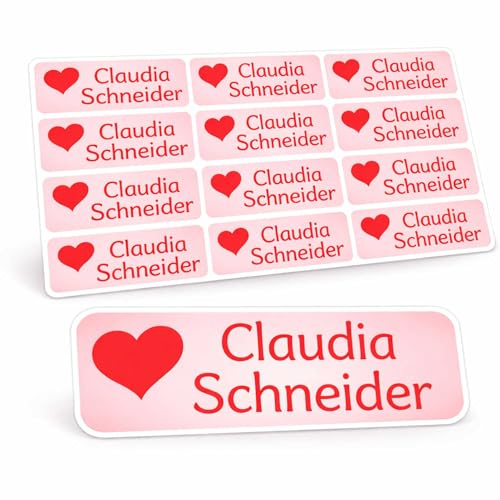 Indigos UG Namensaufkleber Kinder Schule - 43x7mm - 066 - Liebe Herz - Etiketten selbstklebend - 60 personalisierte Aufkleber für Kindergarten, Stifte, Bücher, Brotdose Federmappe, Lineale & Spielzeug