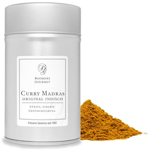 Boomers Gourmet - Premium Curry Madras, original indisch, scharfes Curry Pulver Gewürzmischung - Gewürzdose - 100 g