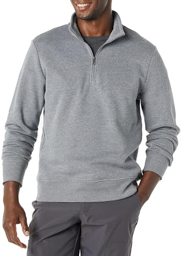Amazon Essentials Herren Langärmliges Fleece-Sweatshirt Mit Viertelreißverschluss, Mittelgrau Meliert, L