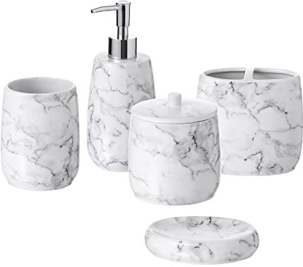 Motifeur Badaccessoires Set, 5-teiliges Keramik Bad Zubehör Komplettset mit Lotionspender/Seifenpumpe, Baumwollglas, Seifenschale, Becher und Zahnbürstenhalter (Marmor-Look)