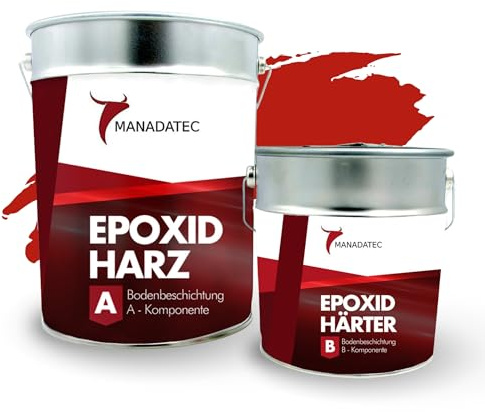 MANADATEC 2k Epoxidharz Bodenbeschichtung 5kg I RAL 3020 Verkehrsrot I Abriebfest, lösemittelfrei, geruchsneutral I Garagenbodenbeschichtung I Epoxy Bodenbeschichtung Garage I Keller Epoxidharz Boden