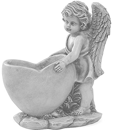 matches21 Bellissimo vaso per piante con angelo e cuore, decorazione per tomba, resistente alle intemperie, in pietra artificiale, grazioso vaso da fiori con figura d'angelo, decorazione per