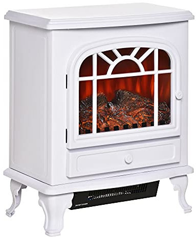 HOMCOM Chimenea Eléctrica Portátil 1000/2000W con Llama LED Brillo Regulable Termostato Ajustable y Protección Sobrecalentamiento para Salas de 25 m² 51x28x60 cm Blanco