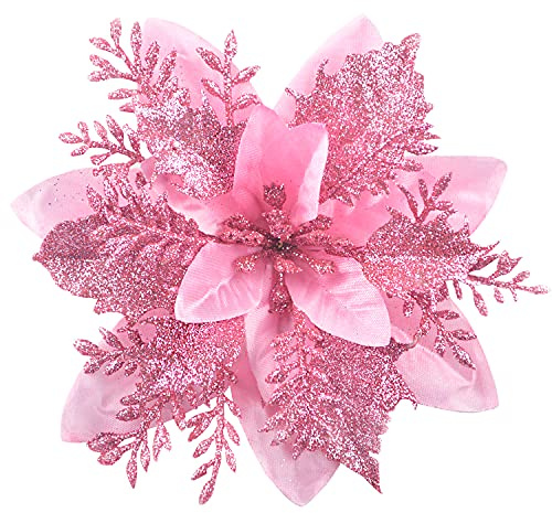 GL-Turelfies 12 STK. Glitzer Weihnachtsblumen (15cm/5,9'') mit 12 STK. Clips Künstliche Weihnachtsstern Blumen Weihnachtsbaum Blumenschmuck Weihnachtsbaum Ornamente (Rosa)